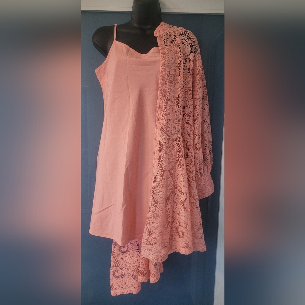 DRESS Peach Crochet Lace Button-Front Tunic SIZE L - Picture 15 of 17